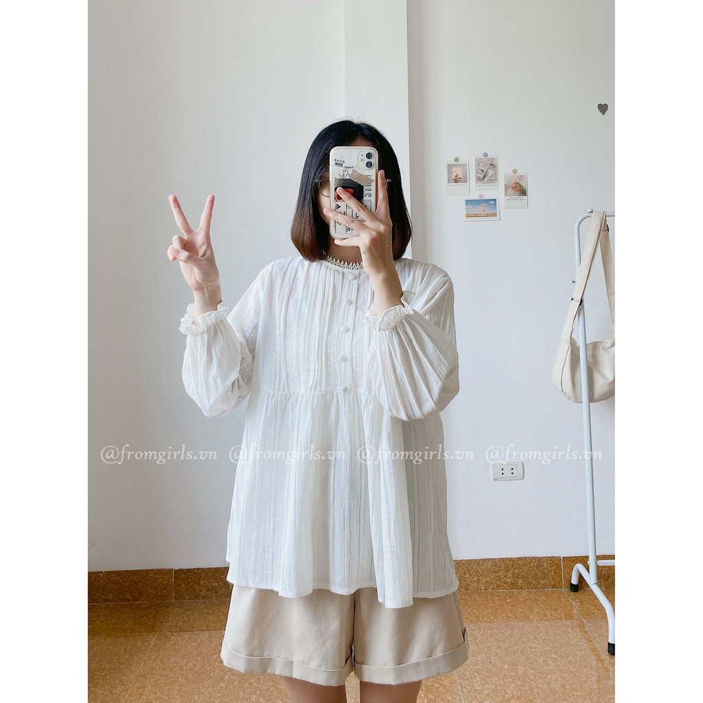 Áo babydoll dài tay xếp ly ngực cúc bọc tay chun vintage - BBD05FG BROWN