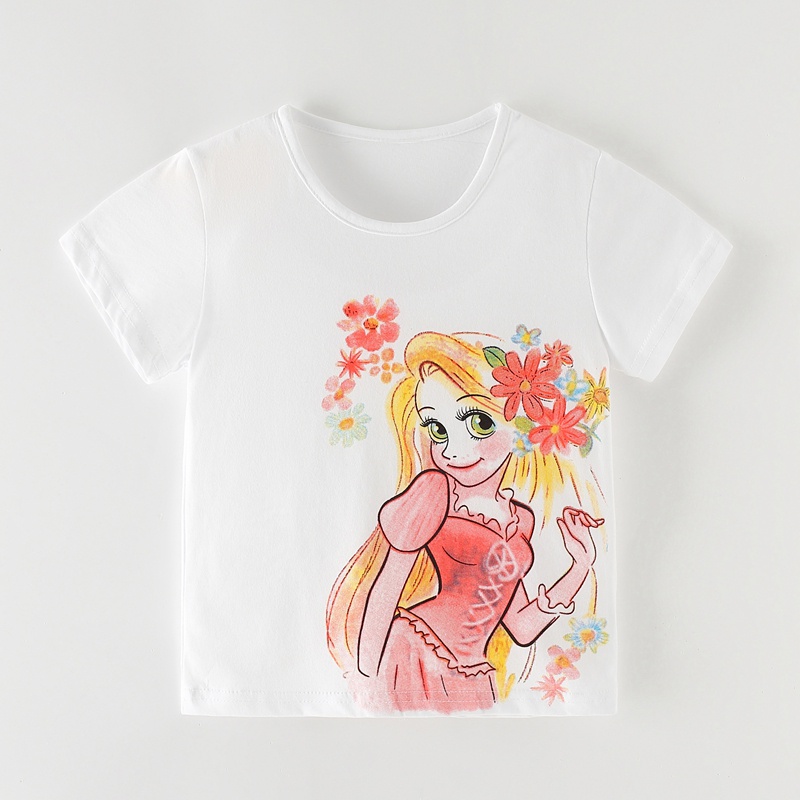Áo thun cotton cổ tròn tay ngắn in hoạt hình đáng yêu cho bé gái