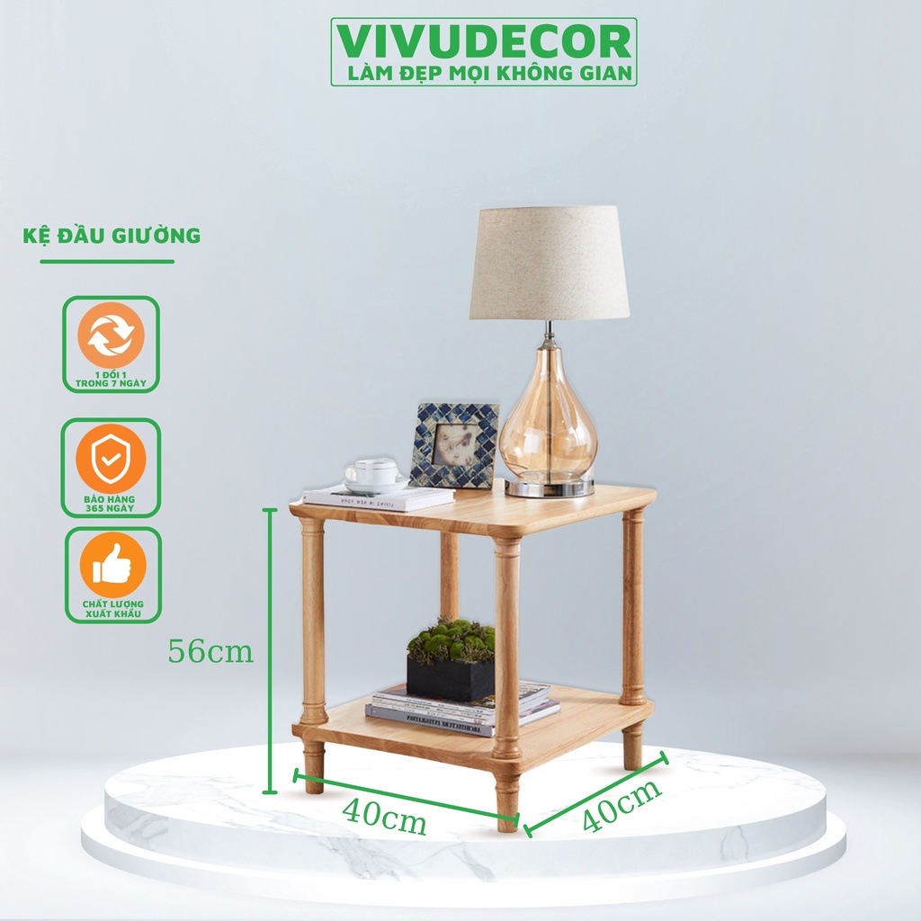 Kệ đầu giường Vivudecor 100% gỗ tự nhiên, Kệ gỗ 2 tầng lắp ráp đa năng sang trọng chất lượng Xuất Khẩu