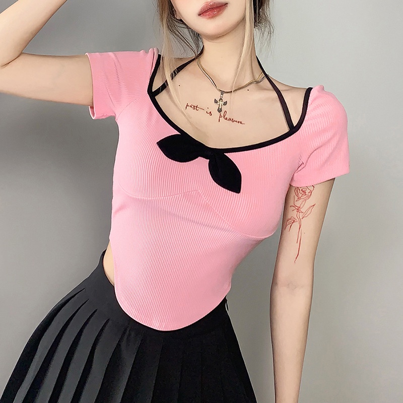 Áo Thun Ngắn Tay Cổ Chữ U Thắt Nơ Xinh Xắn Thời Trang Cho Nữ