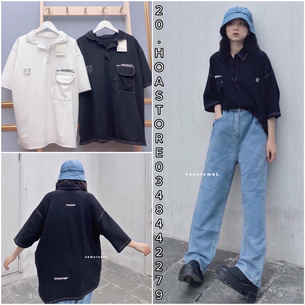 Áo Thun POLO CON BÒ CHỈ NỔI Nam Nữ Ulzzang Unisex - Áo Polo Tay Lỡ Cổ Viền Chỉ WONDER 2 Màu Trắng Đen