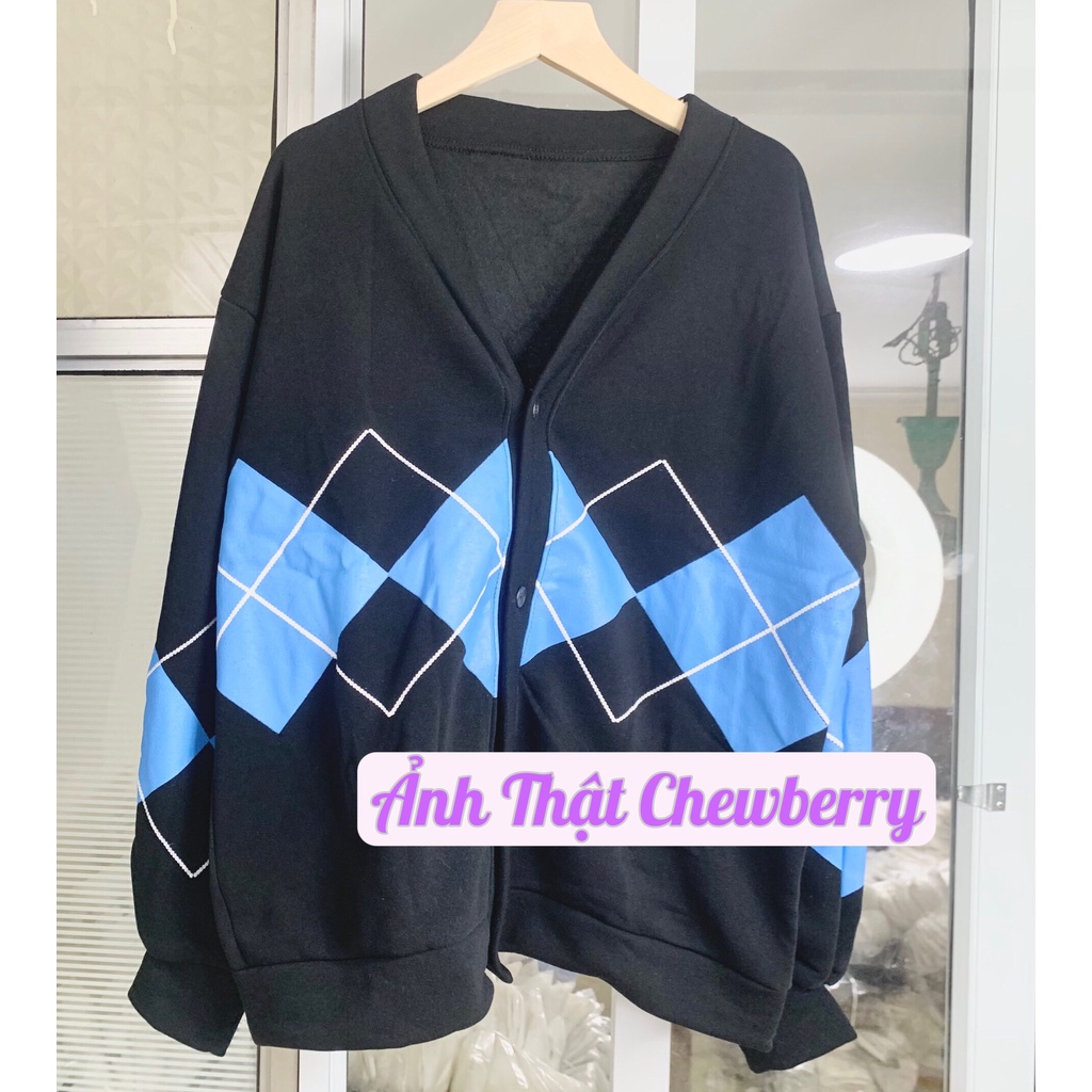 Áo Khoác Dài Tay Nữ Kẻ Thoi Xanh Dương Trước Ngực, Form Rộng