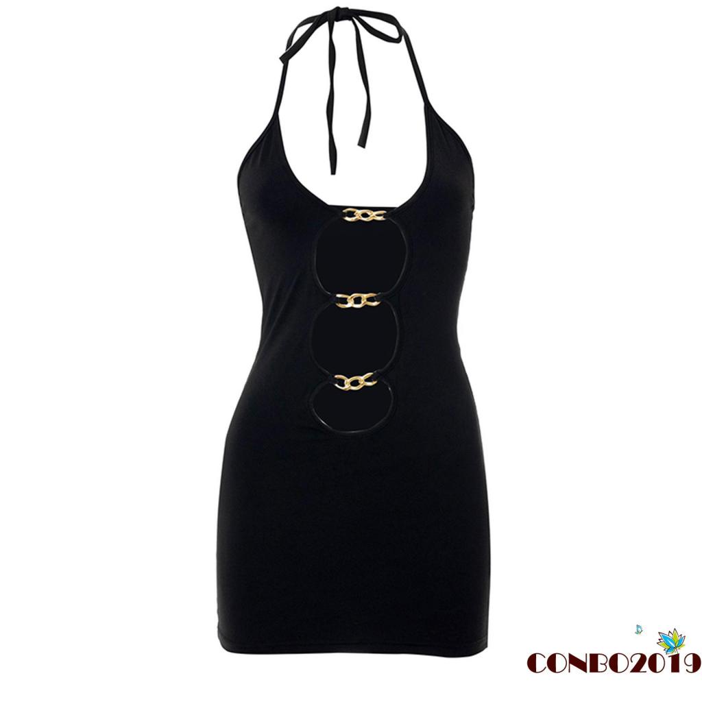Hgm Đầm Nữ Cổ Yếm Hở Lưng Gợi Cảm Màu Đen Size S / M / L