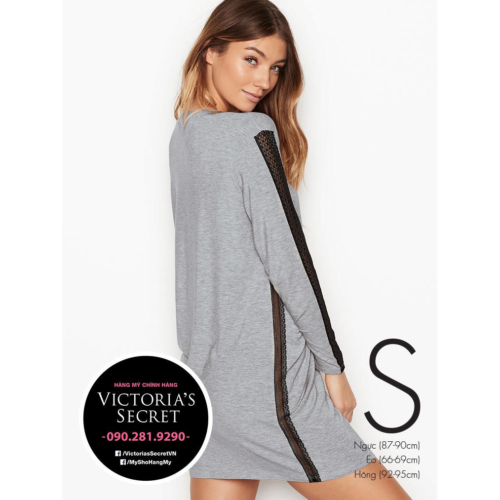 (Sleep Size S) - Áo xám tay dài Modal Long Sleeve SleepShirt, phối lưới 2 bên - Hàng nhập Victoria's Secret USA