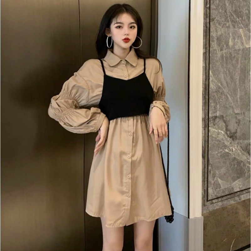 đầm sơ mi tay phồng phối áo hai dây croptop ulzzang