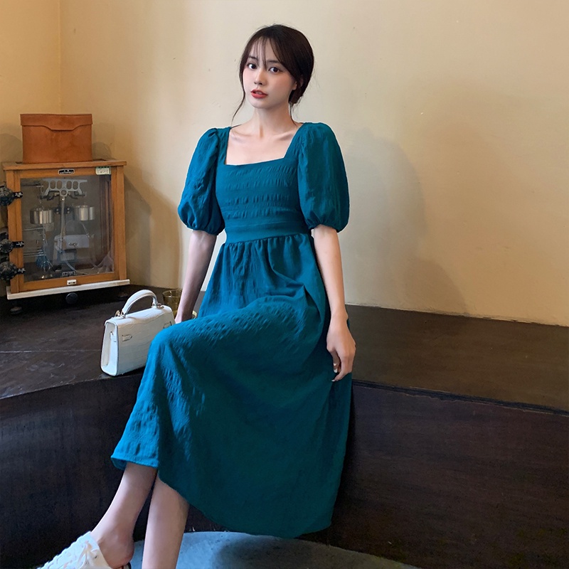 Đầm midi SUXI cổ vuông tay phồng ngắn hở lưng gợi cảm thời trang mùa hè dành cho nữ