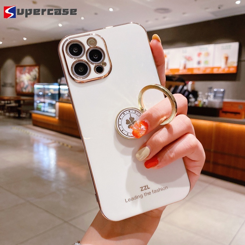 Ốp Điện Thoại Tpu Dẻo Mạ Viền 6d Kèm Giá Đỡ Nhẫn Hình Cỏ Ba Lá Cho Xiaomi Mi 11 10 Pro Lite Ultra 10s 10t Lite Poco M2 Pro