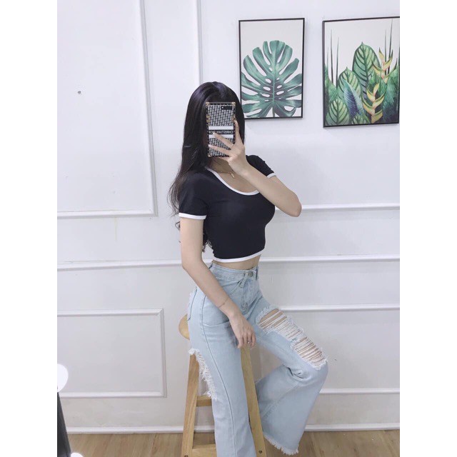 áo croptop nữ tay ngắn cổ vuông ôm body, Croptop nữ ôm ngắn tay cổ chữ U, Áo thun nữ ngắn tay dáng ôm cờ róp tốp