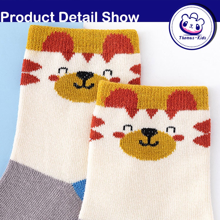 Bộ 5 Đôi Vớ 100% Cotton Thấm Hút Mồ Hôi In Họa Tiết Động Vật Hoạt Hình Dành Cho Bé Trai Gái
