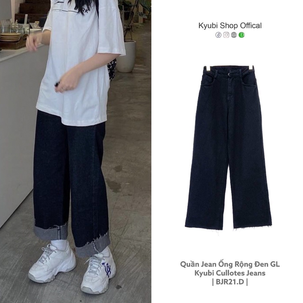 Quần Jeans Đen Ống Rông Gấp Lai Tua Cá Tính (Video, Có Bigsize Size Đại) - Kyubi Baggy Jeans Suông Cullotes BJR21.D - HÀ