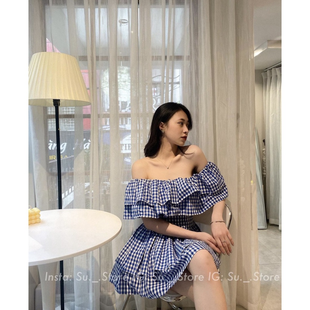 Váy/Đầm trễ vai sọc caro phong cách tiểu thư LOVI