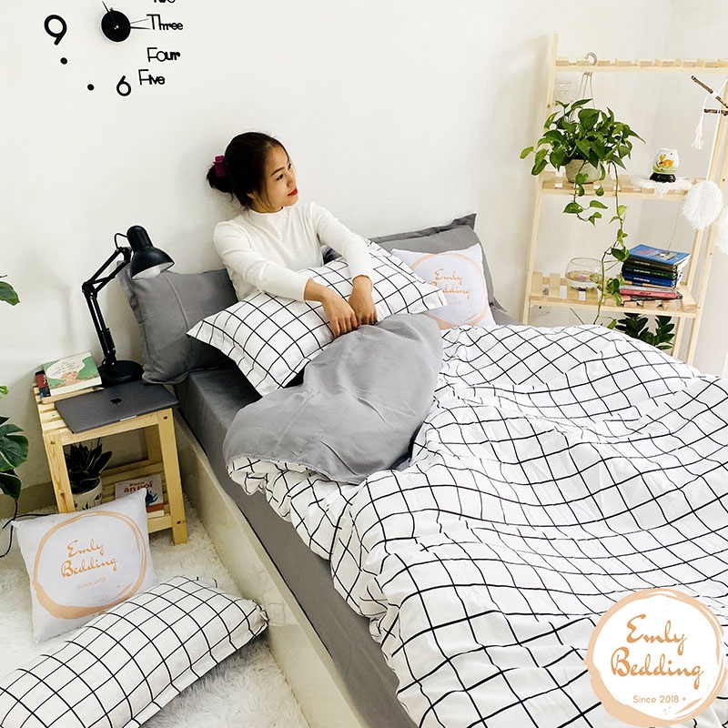 Bộ Chăn Ga Gối Cotton Poly Emly Bedding - Mẫu karo trắng | BigBuy360 - bigbuy360.vn