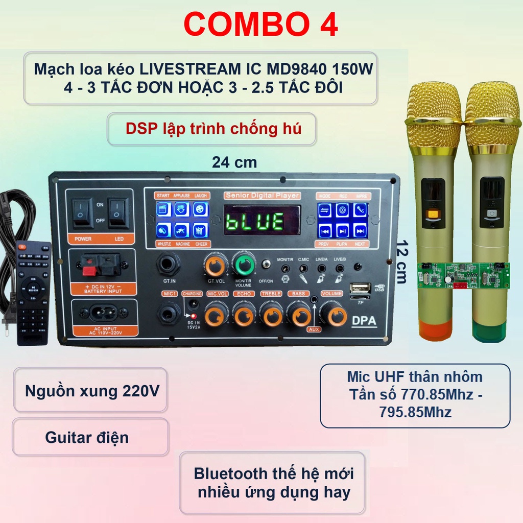 Mạch loa kéo LIVESTREAM DSP lập trình chống hú IC MD9840 150W có nguồn xung Kèm Mic