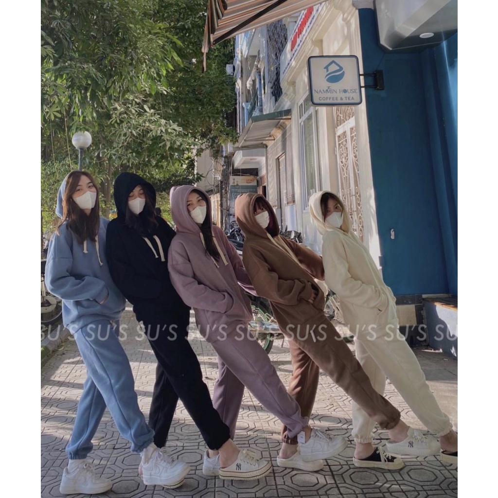 Set áo hoodie trơn chất đẹp + quần bom chun gấu DTR1221