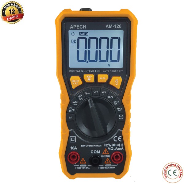 Đồng hồ vạn năng điện tử APECH AM-126 (TrueRMS) 600V AC/DC, đo miliampe, trở, tần số, diot, thông mạch, OUTO RANGE