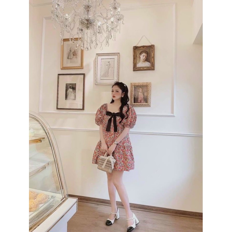 Đầm Babydoll Nữ Hoa Nhí Phối Nơ Cổ Vuông 🦋 Váy Nữ Tiểu Thư Cộc Tay Dáng Xòe 2 Màu 🦋 | BigBuy360 - bigbuy360.vn