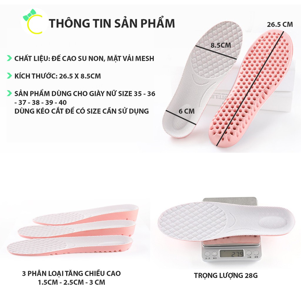 Lót giày tăng chiều cao 1.5cm, 2.5cm, 3cm với đế tổ ong màu hồng mặt vải kem - Cami - CMPK156