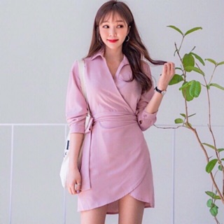 Đầm sơ mi hồng đắp tà v2 (kèm hình thật)