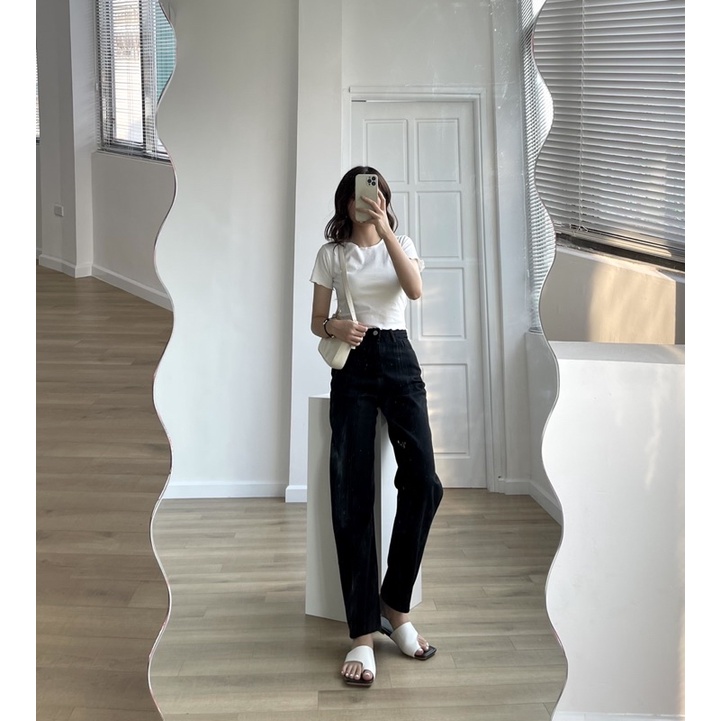 Quần jeans suông dài đen evis + Áo croptop thank you | BigBuy360 - bigbuy360.vn