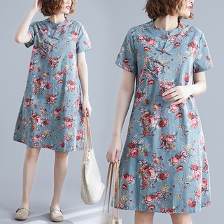 B214 Đầm big size dáng suông cổ tàu họa tiết hoa xinh xắn