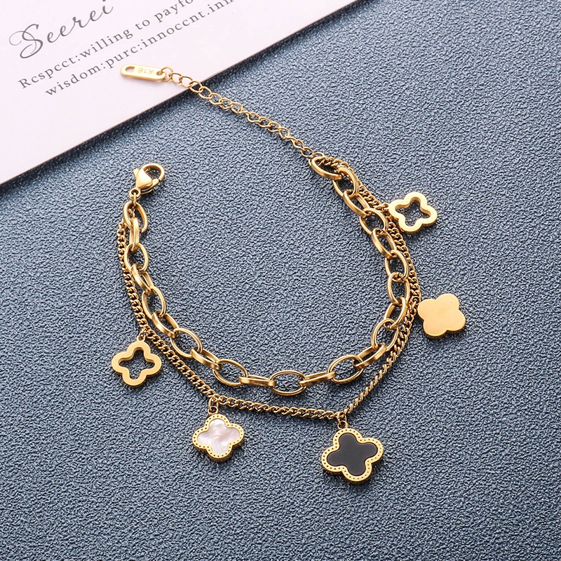 Vòng Tay Hai Lớp Bằng Thép Titan Mạ Vàng 18K Đính Đá Mã Não Trắng / Đen Sang Trọng