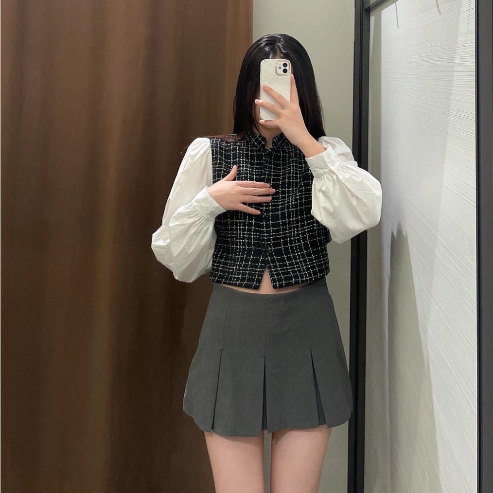 Made in Morocco - Áo Zara Sơ Mi Tay Dài Dáng Ngắn Phối áo gile karo AK07SMG45N9