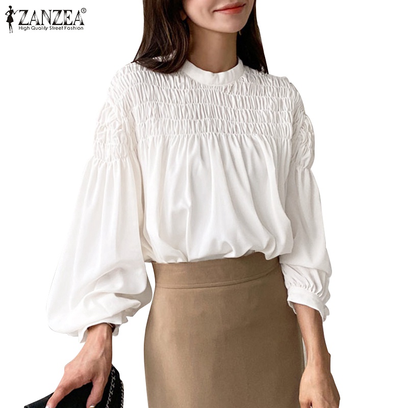 Áo kiểu Zanzea dài tay cổ đứng xếp ly phong cách Hàn Quốc thời trang thanh lịch dành cho nữ