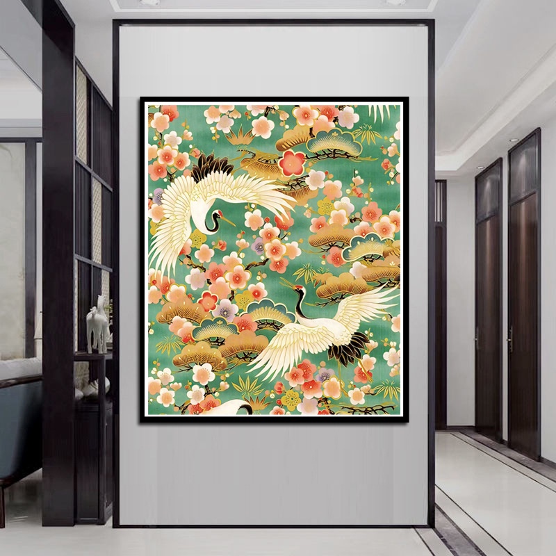 Bộ Tranh Thêu Chữ Thập 11CT Bằng Cotton Hình Chim Và Hoa / Chim Hạc Nhảy Múa Phong Cách Nghệ Thuật