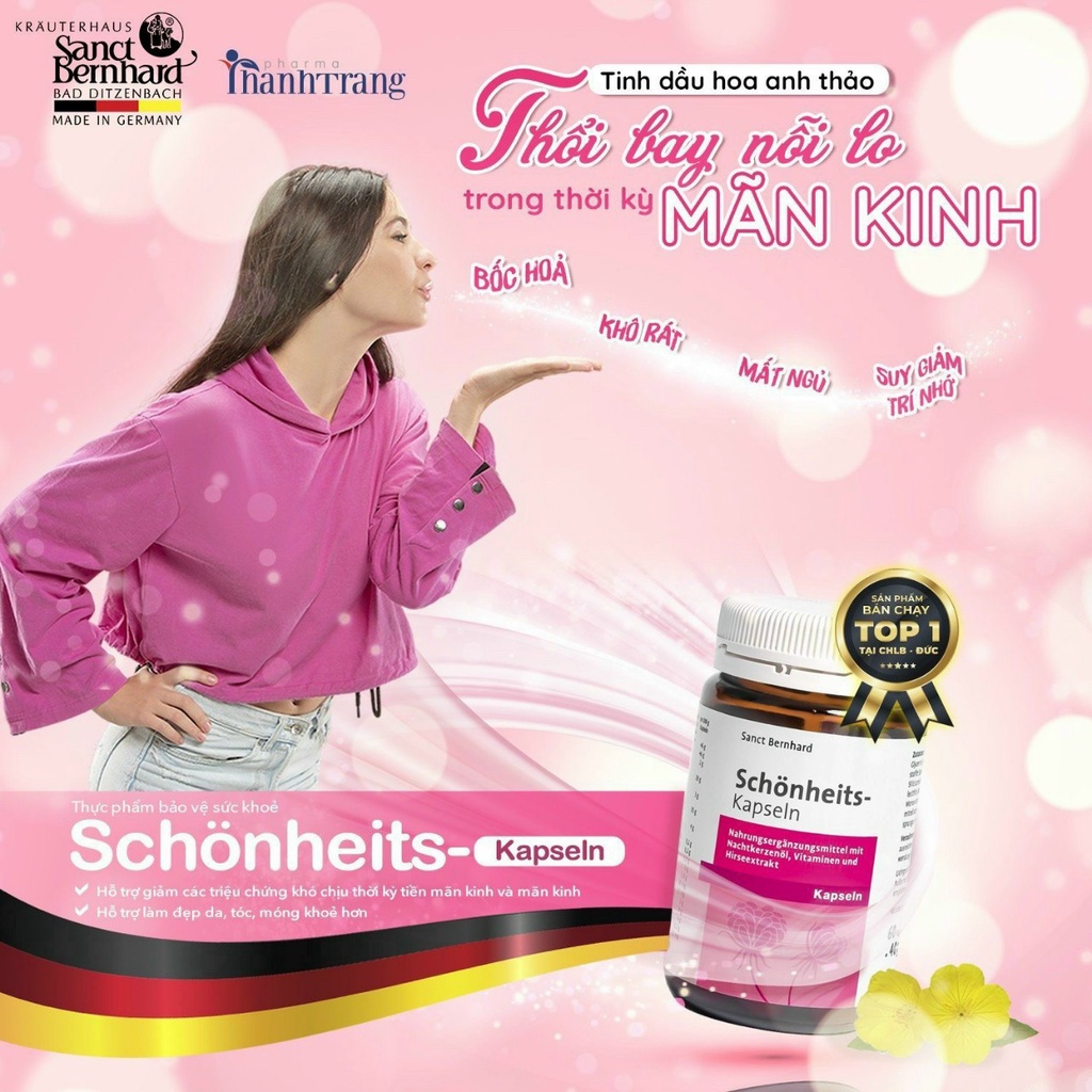 Tinh dầu hoa anh thảo Schonheits Kapseln (Lọ 60 viên) của Đức - Hỗ trợ làm đẹp da, cân bằng nội tiết, giảm mụn trứng cá
