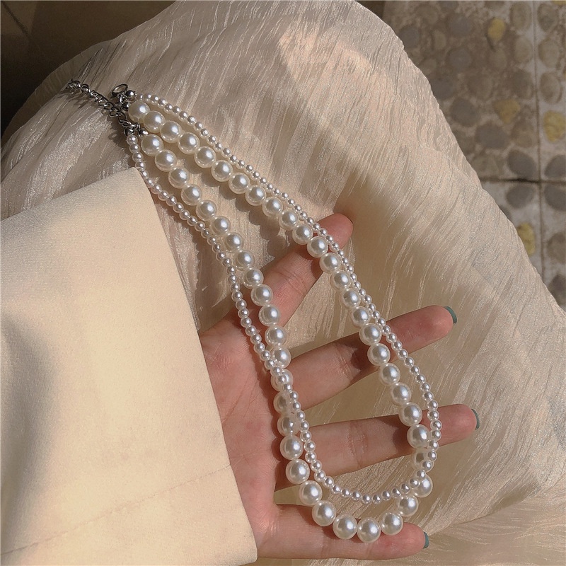 Vòng cổ choker chuỗi ngọc hai lớp màu bạc cực sang trọng quý phái