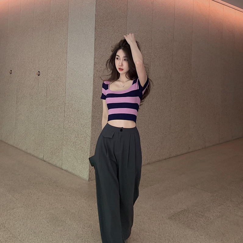 Linki ❀ Áo Dệt Kim Ngắn Tay Cổ Vuông Họa Tiết Kẻ Sọc Thời Trang Hàn Quốc Cho Nữ