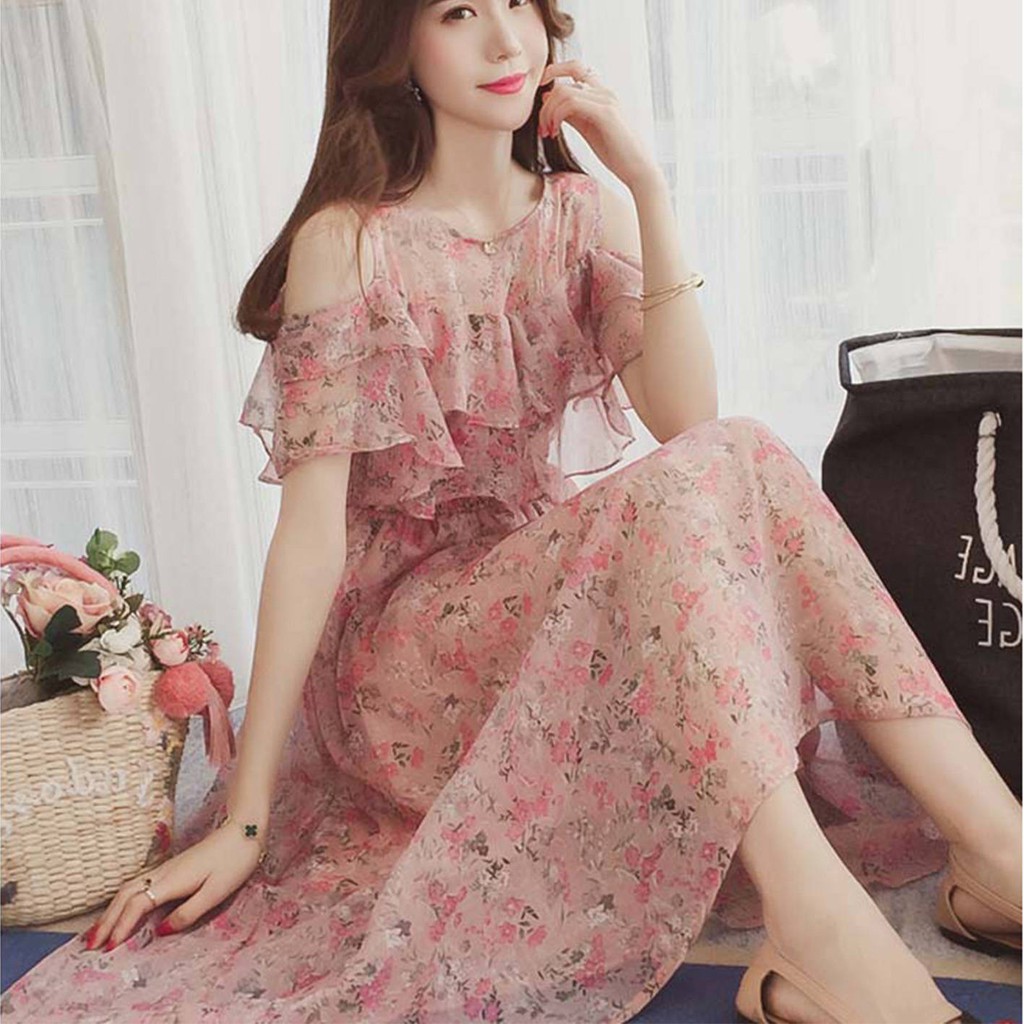 Đầm Maxi trễ vai chất Chiffon hoạ tiết hoa nữ tính