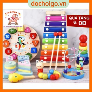 Đồ chơi trí tuệ cho bé, combo 7 món - đàn gỗ, tháp gỗ, luồn hạt, sâu gỗ, đồng hồ gỗ, thả hình 4 trụ, lục lạc