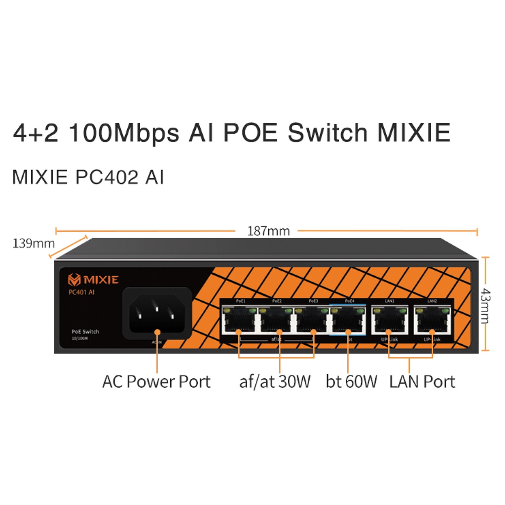SWITCH POE AI MIXIE PC-402 - 4+2 100Mbs, khoảng cách 250M, Công Nghệ Watchdog Thông minh