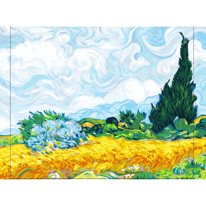 Tranh sơn dầu số hóa tự tô màu theo số cao cấp Smile FMFP Đồng lúa mì và cây bách Van Gogh T57064