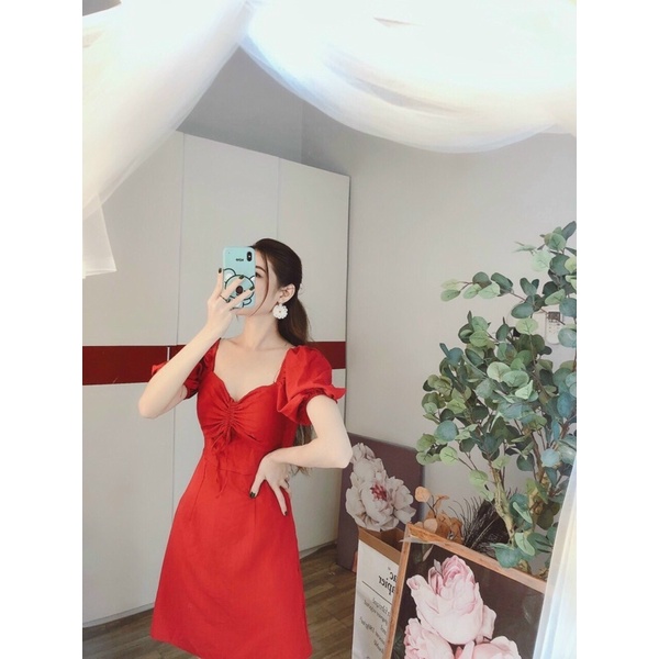 Đầm xoè rút dây ngực tay phồng siêu cưng-hình thật.