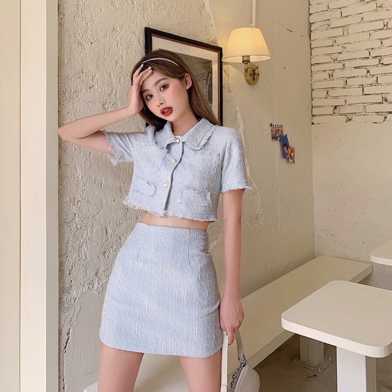 Set áo croptop + chân váy chữ A dạ tweed ulzzang [Yannie]