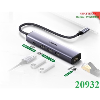 Bộ chia usb type-c ra 3 usb 3.0/ rj45 gigabit/ type-c pd ugreen 20932 cao cấp