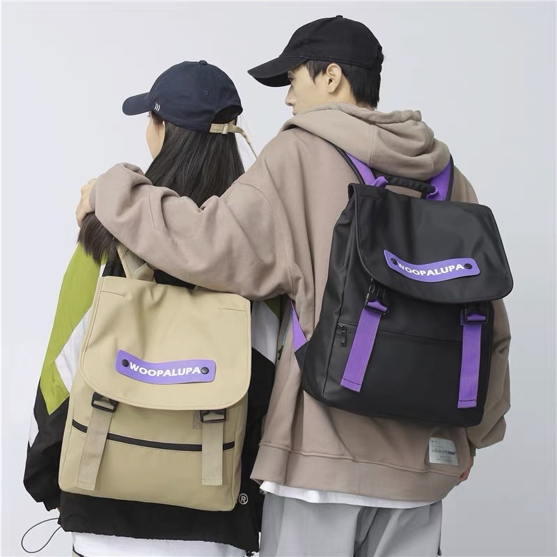 Balo Woo Unisex Quai Cài Khuy Hai Bên Chống Nước Dày Dặn, Balo Đi Học Nam Nữ Tag Da Cá Tính