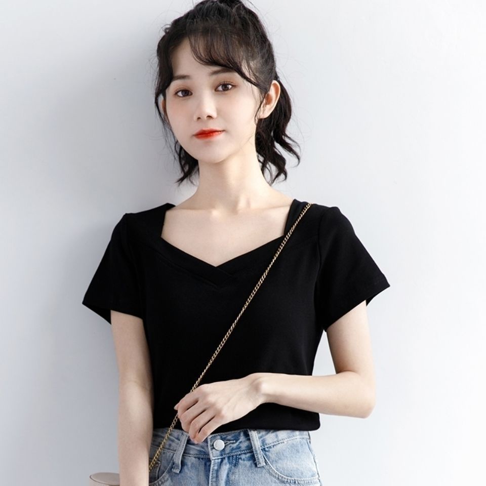 Áo thun tay ngắn cổ vuông màu trơn phong cách Hàn Quốc thời trang cho nữ 2021