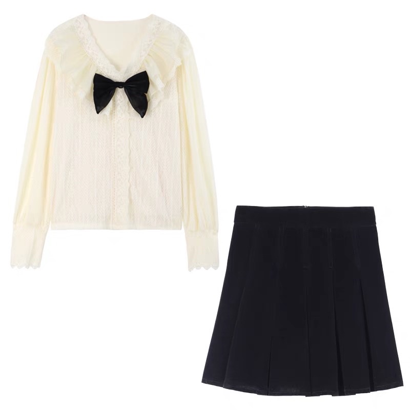 SET CHÂN VÁY TENNIS KÈM ÁO DÀI TAY REN TRẮNG PHỐI NƠ ULZZANG