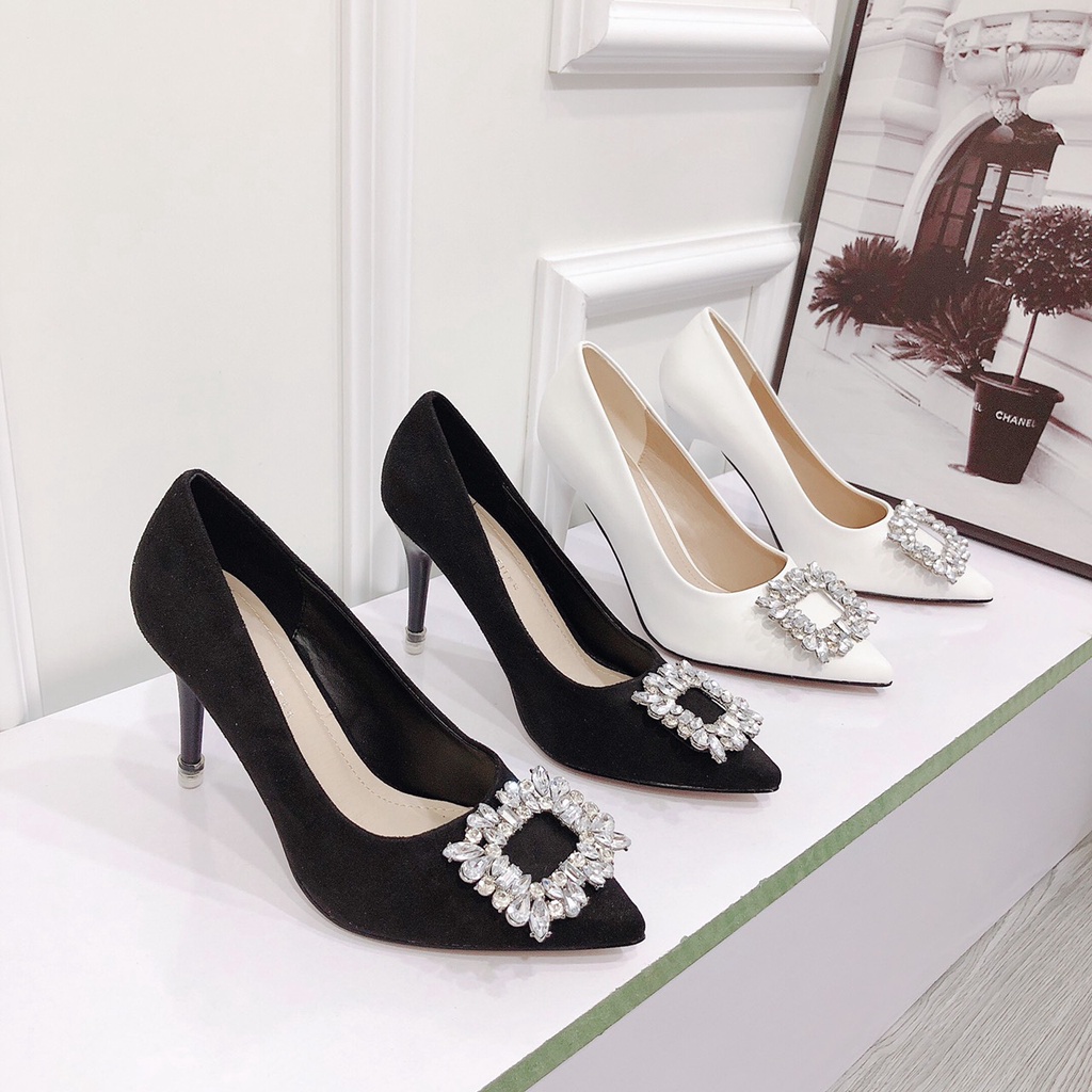 Ball Cao Gót 9p Hoa Đá Bít Mũi Hàng Cao Cấp Chuẩn Form Lên Chân Tôn Dáng - 2 Màu Trắng Đen Chị Chảnh Store