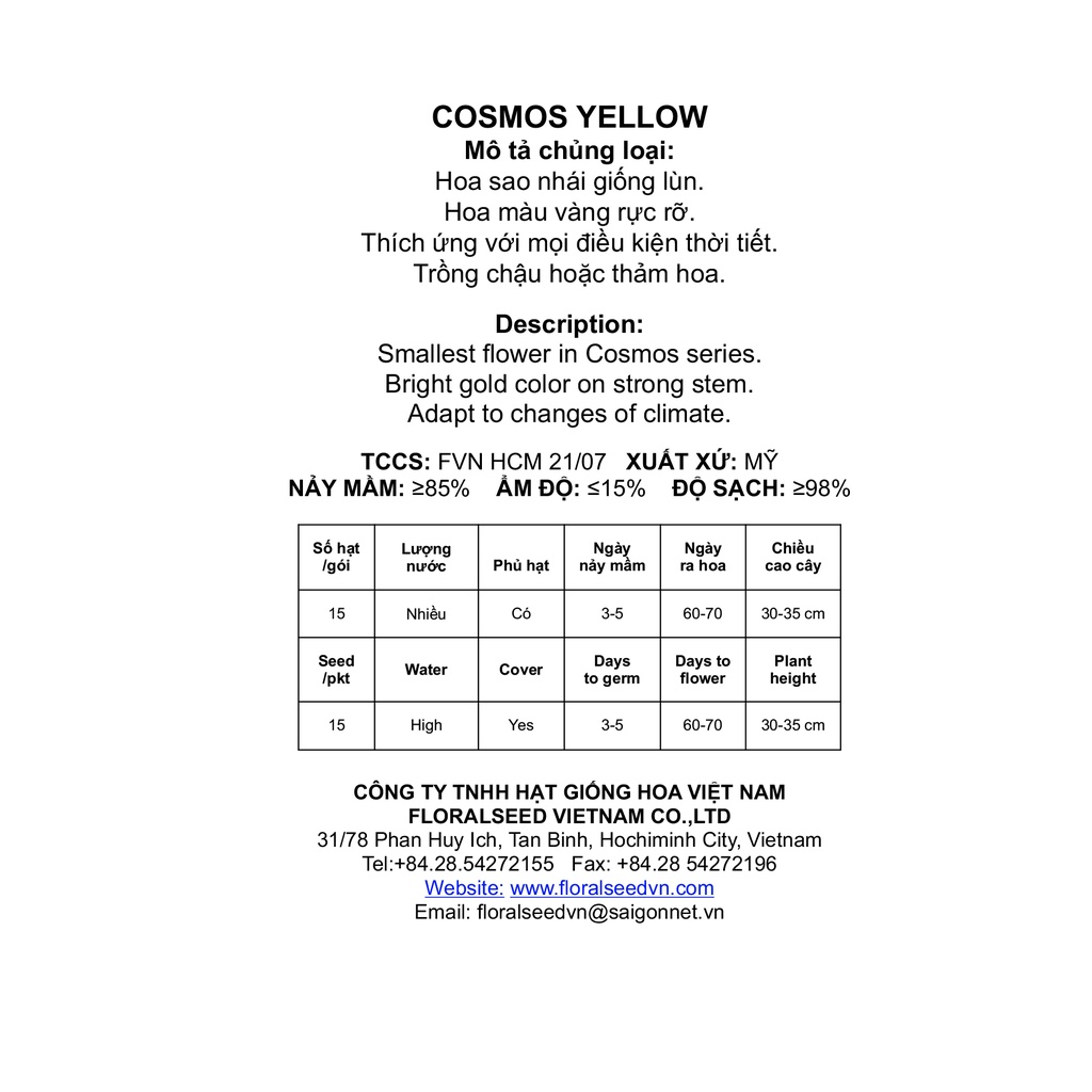 HẠT GIỐNG HOA SAO NHÁI / SAO NHÁY / HOA CÁNH BƯỚM VÀNG LÙN FVN GÓI 15 HẠT - COSMOS GOLD