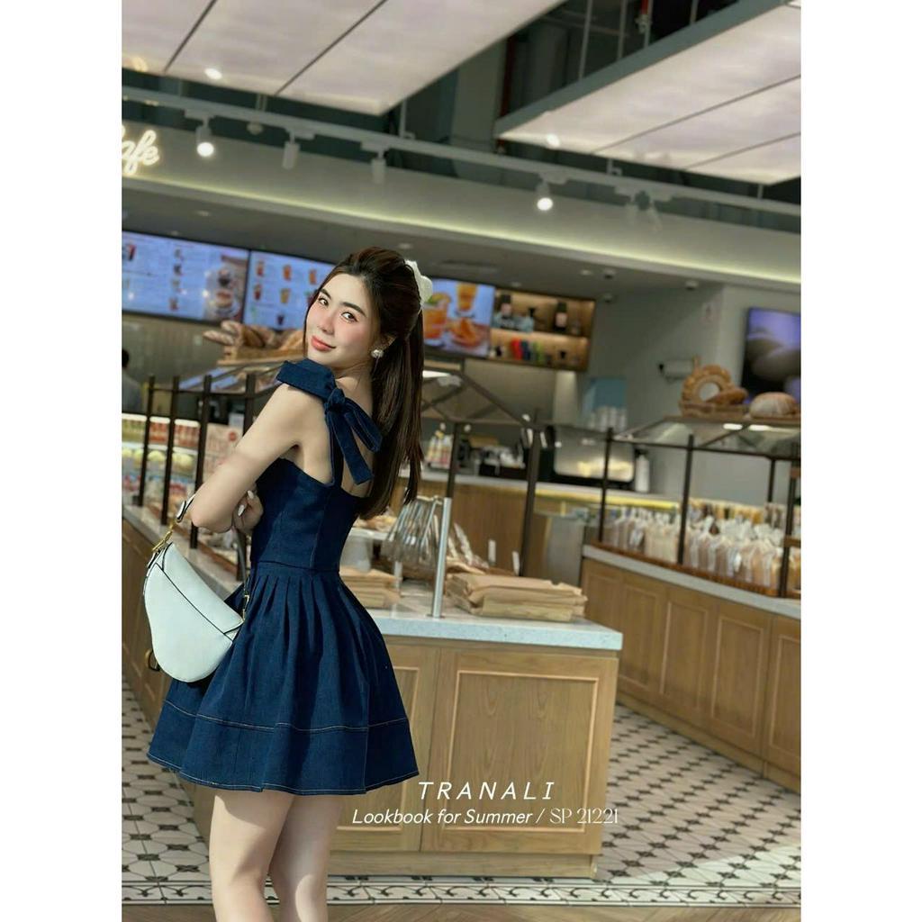 Đầm dự tiệc thời trang nữ sang chảnh chất jean cổ dây không tay cột nơ dáng váy xoè mini siêu xinh trẻ trung