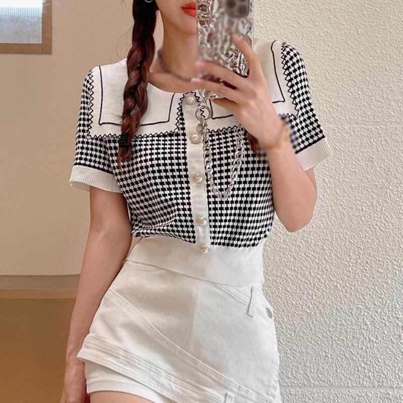 Áo Dệt Kim Tay Ngắn Cổ Thủy Thủ Kẻ Sọc Caro Trẻ Trung Thời Trang Phong Cách Hàn Quốc Cho Nữ