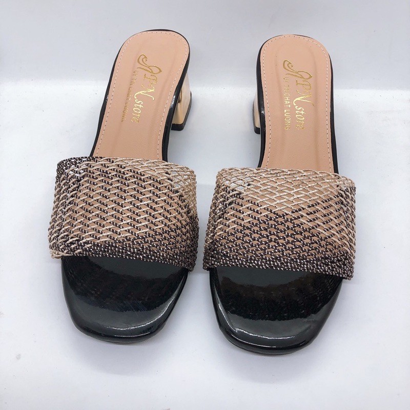 Guốc cao gót 5p màu đồng quai lưới đan