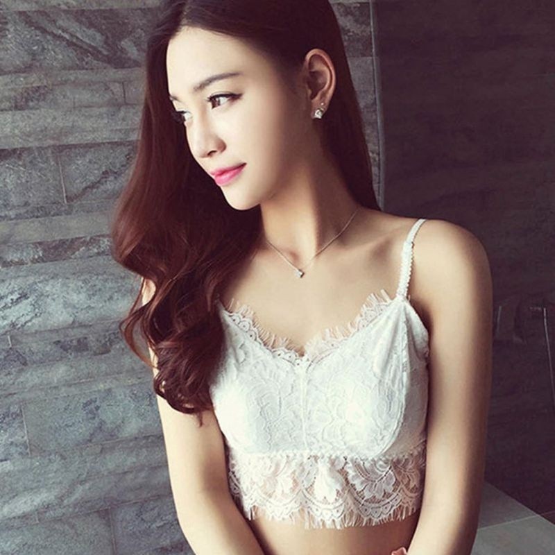 Áo croptop hai dây phối ren trắng đen dành cho nữ