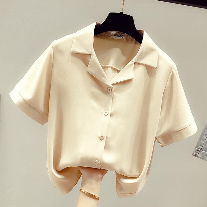 Áo sơ mi ngắn tay nữ cổ vest form rộng suông kiểu dáng basic unisex phong cách Hàn Quốc dễ kết hợp quần áo | BigBuy360 - bigbuy360.vn