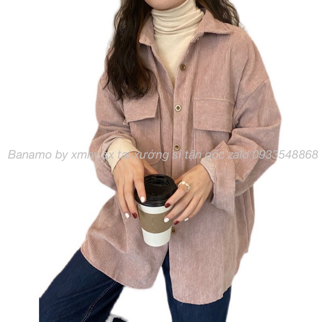 Áo sơ mi áo khoác nhung tăm dáng rộng màu hồng kem đen nâu phong cách ulzzang thời trang Banamo Fashion 351