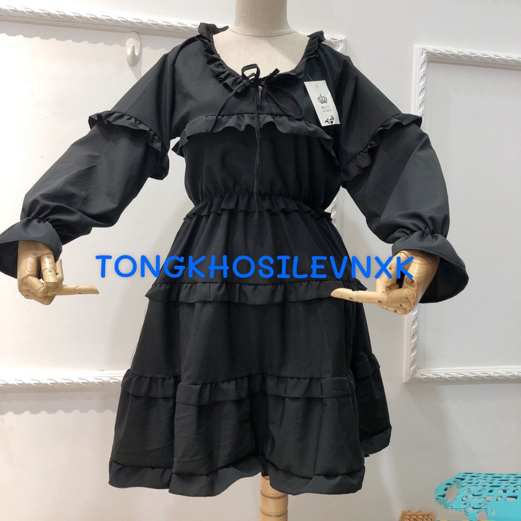 Đầm BabyDoll XY - VÁY 3 TẦNG BÈO XOÈ TIỂU THƯ TAY DÀI BUỘC NƠ ĐEN TRẮNG | BigBuy360 - bigbuy360.vn